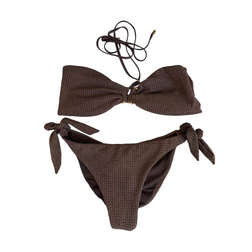 Fiory Beach & Street Brown Crochet Knit Bikini Set Bandeau Top Side Tie Bottom L